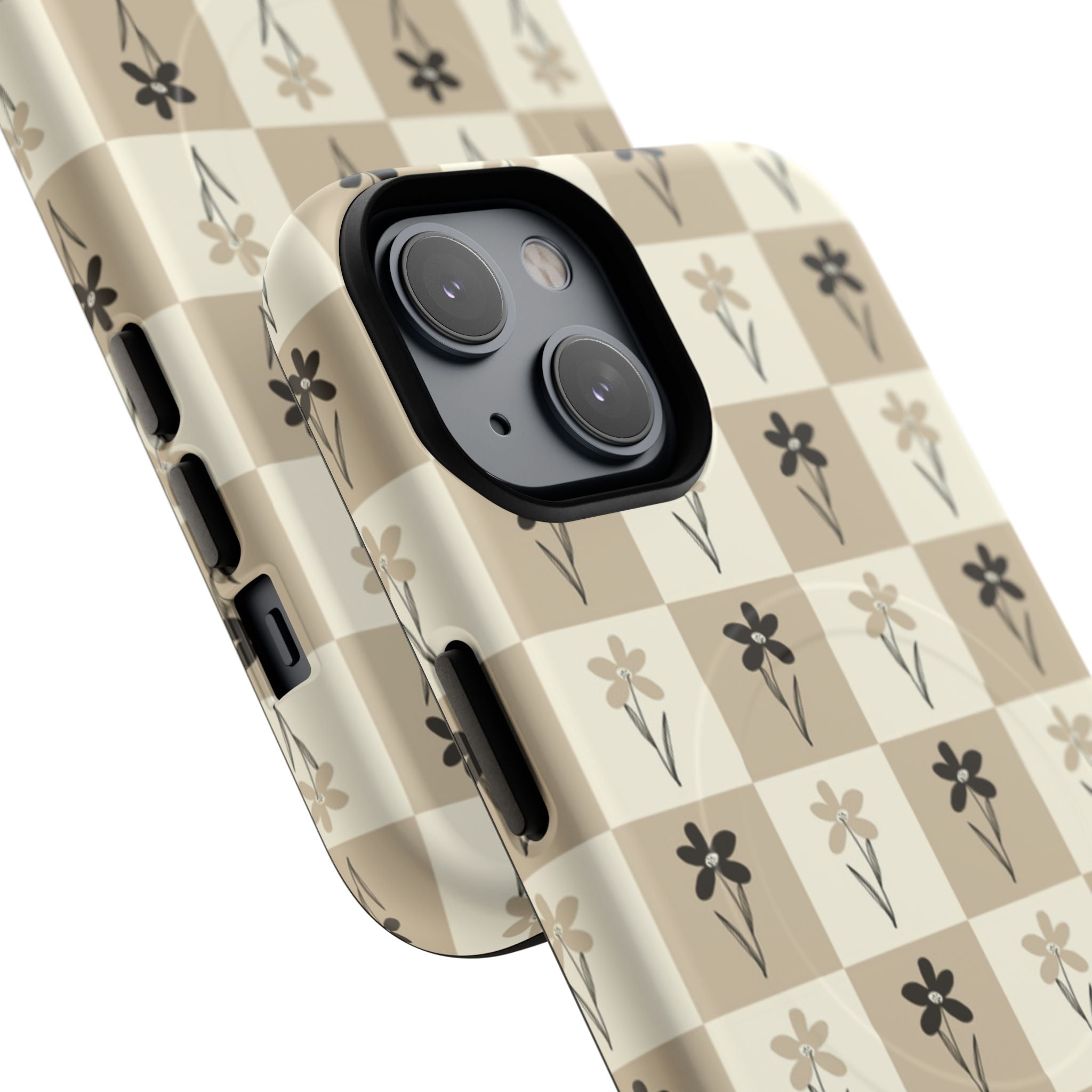 Floral Checkered Tough Magnetic Phone Case — Beige Vintage Flower Grid