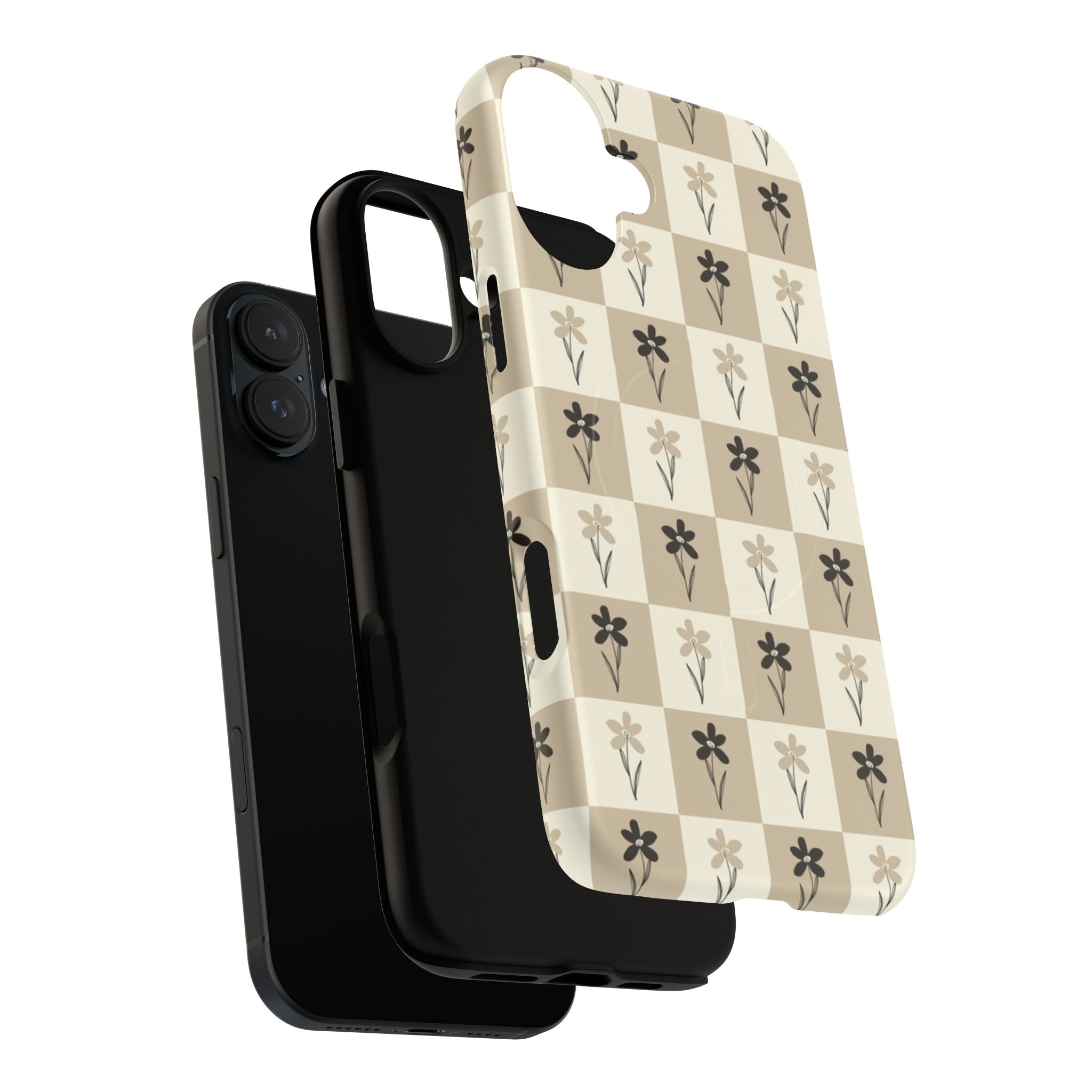 Floral Checkered Tough Magnetic Phone Case — Beige Vintage Flower Grid