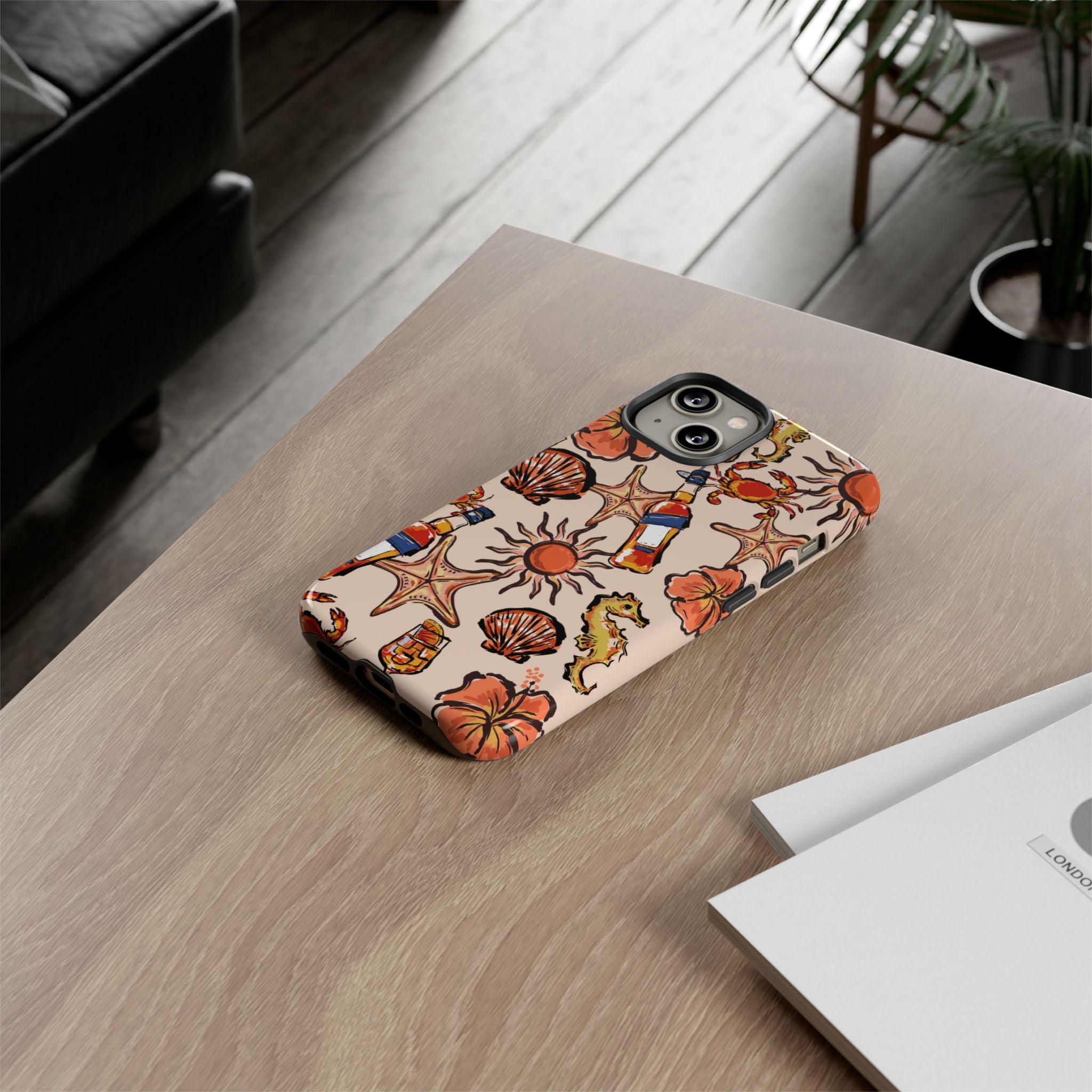 Tropical Beach Phone Case — Hibiscus, Seashells & Cocktail Pattern
