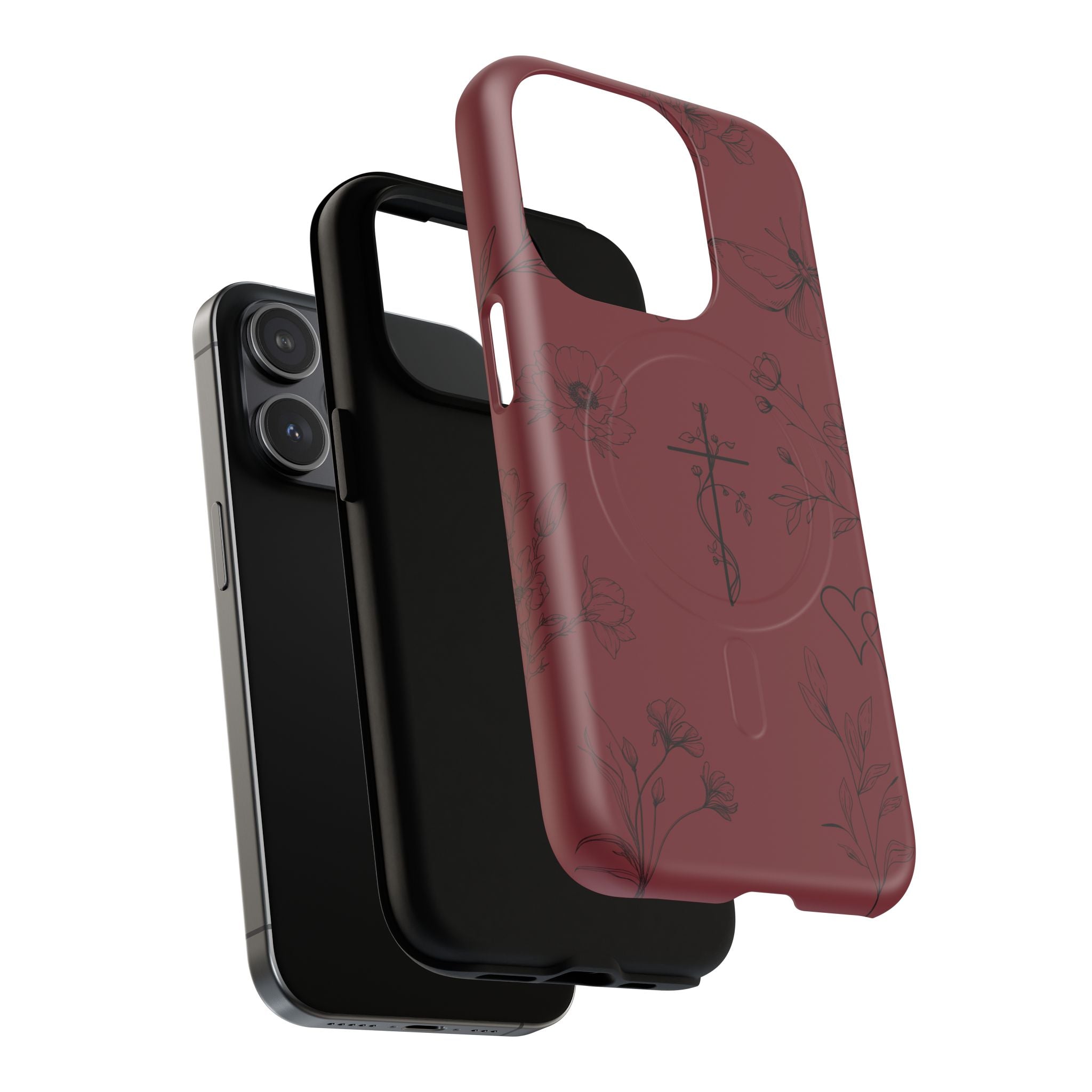 Floral Cross Tough Magnetic Phone Case — Burgundy Protective Cover