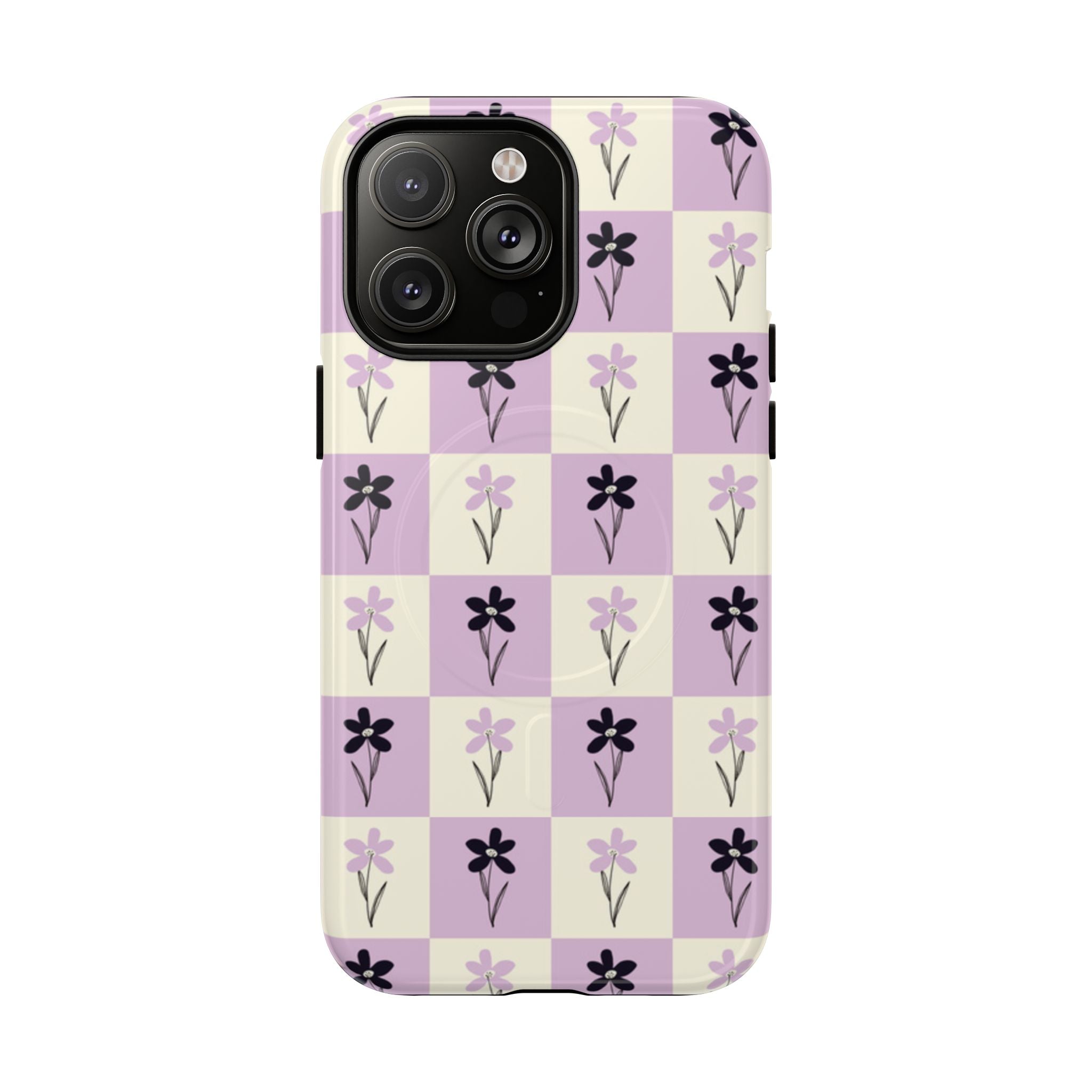 Floral Check Pattern Tough Magnetic Phone Case — Lavender Retro Grid