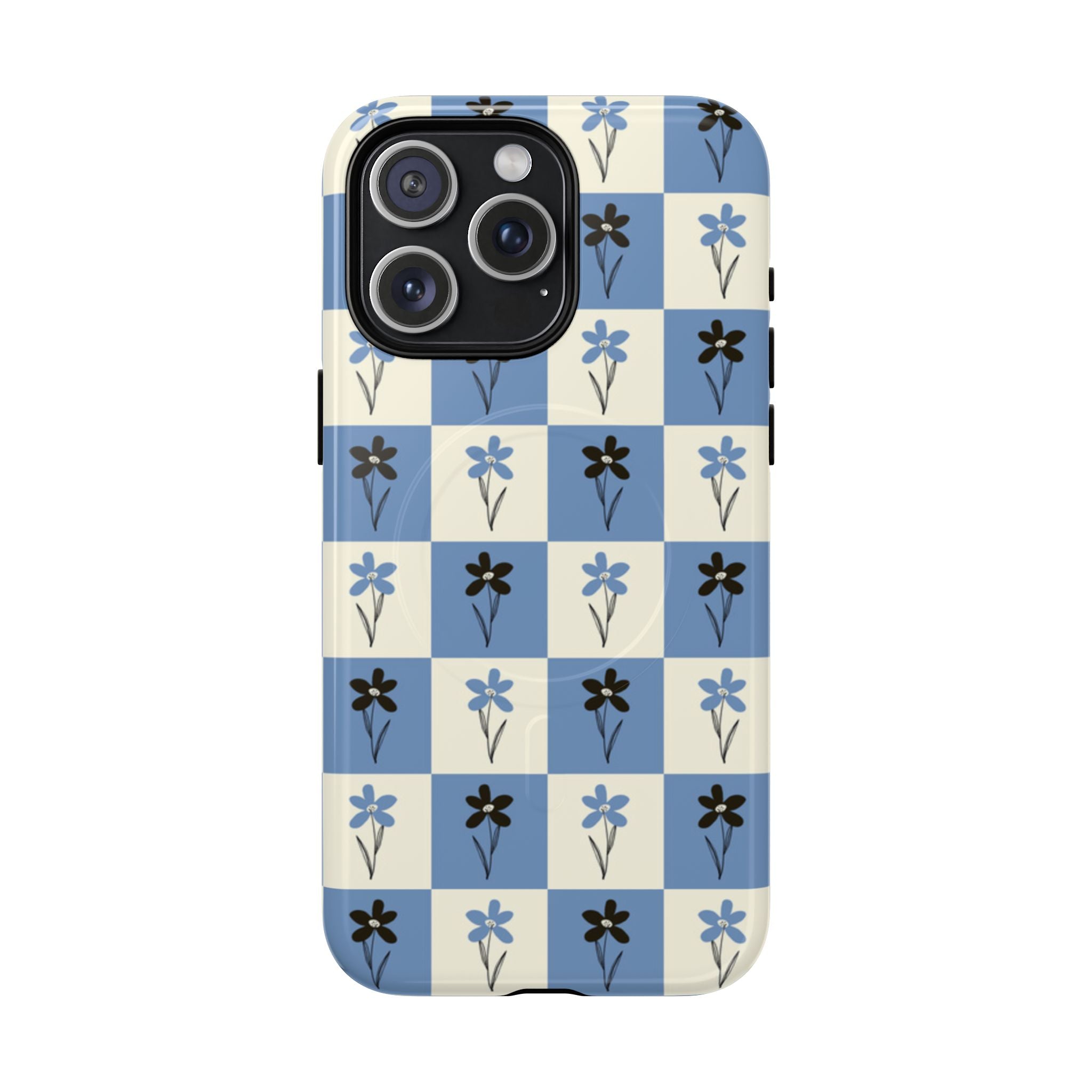 Floral Checkered Phone Case — Blue Vintage Flower Tough Magnetic Case