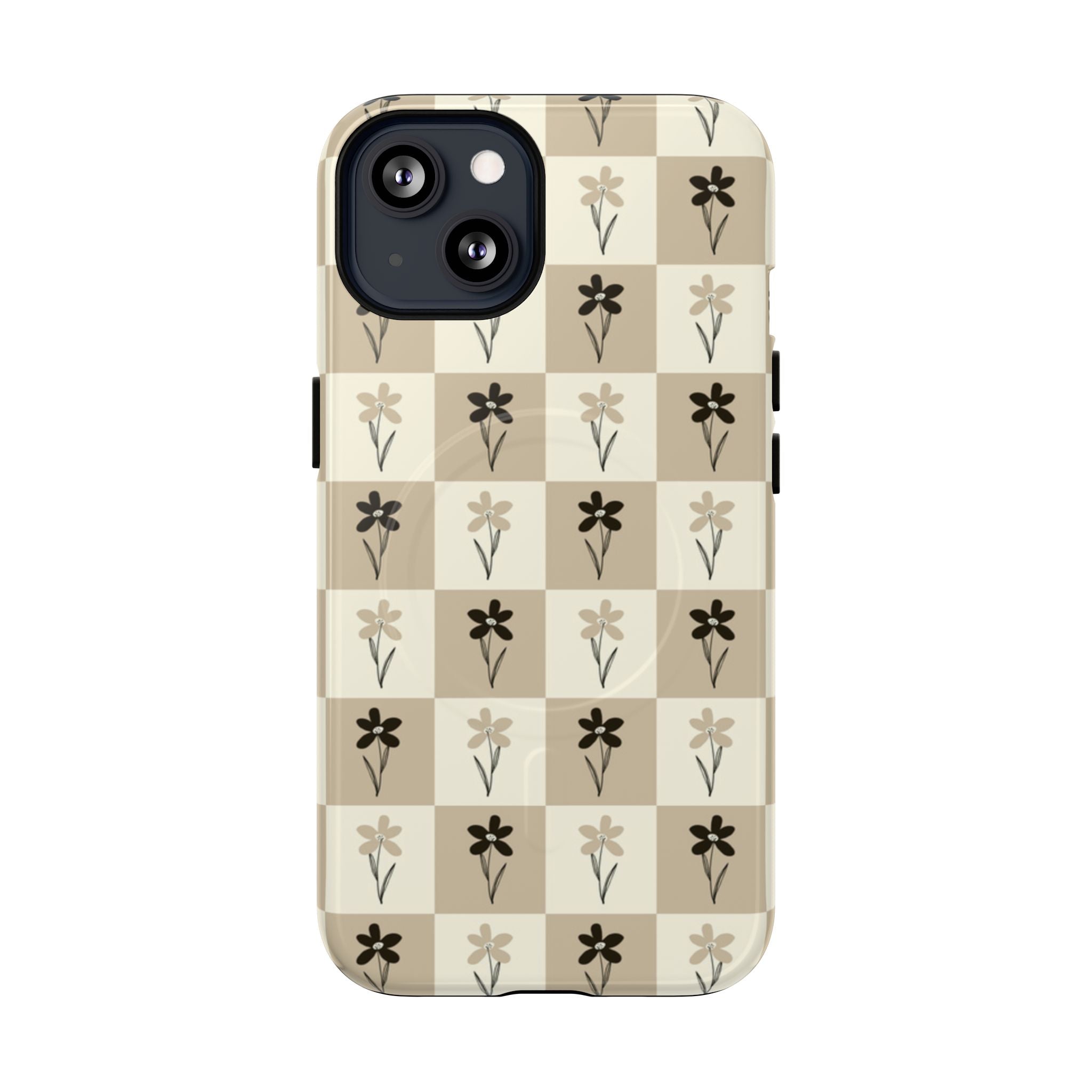 Floral Checkered Tough Magnetic Phone Case — Beige Vintage Flower Grid