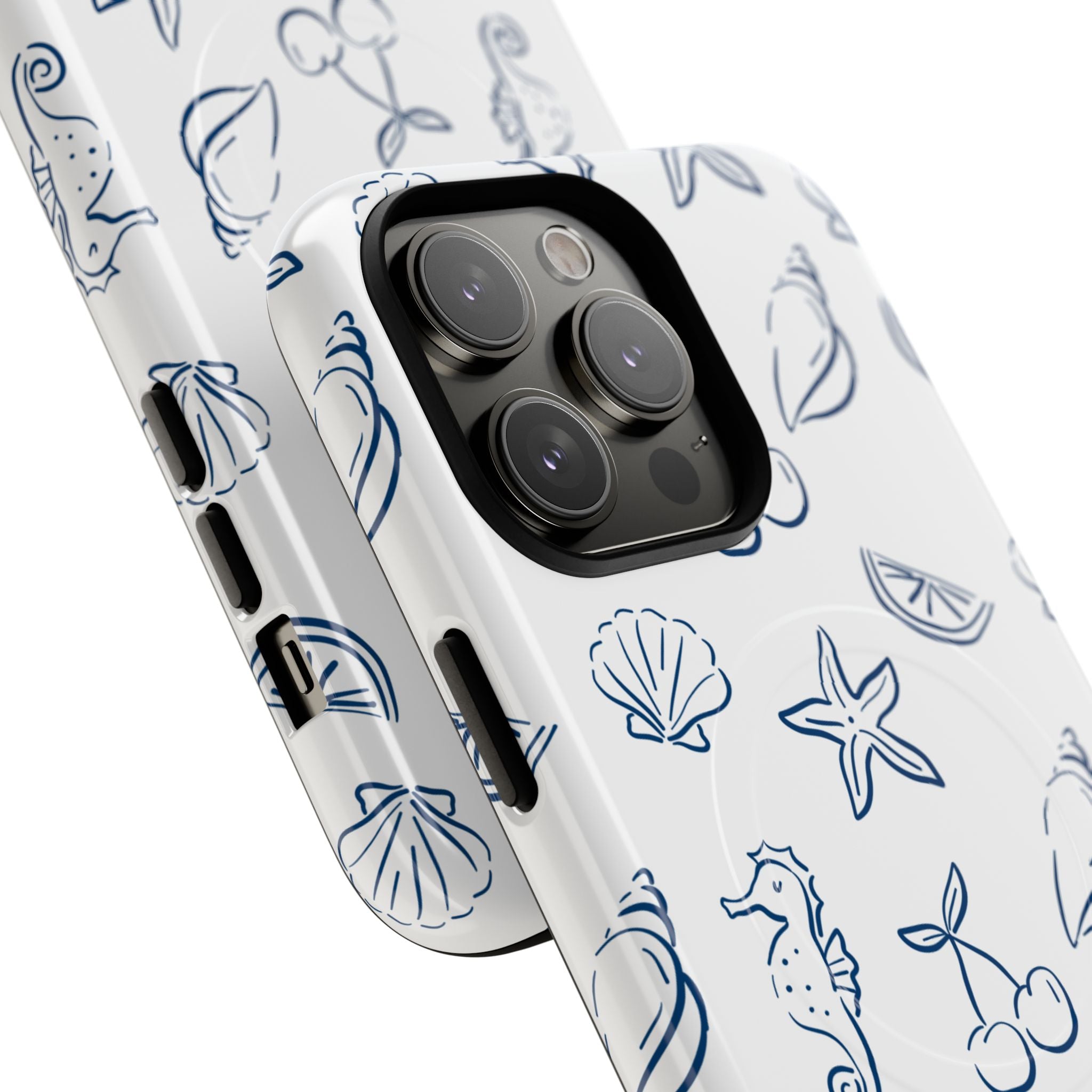 Nautical Sketch Magnetic Phone Case — Seahorse & Seashell Pattern